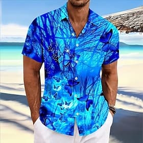Men's Butterfly Tropical Plants Neon Glow Summer Hawaiian Shirt Button Up Shirt Aloha Shirt Short Sleeve Hawaiian Casual Vacation Summer Spring Turndown 3D Pri