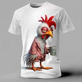 Funny Grumpy Rooster Wearing Pajamas Good Morning Coffee Mug 3D Graphic Print T Shirt Men White Short Sleeve Casual Tee Clothing Apparel S M L XL XXL XXXL
