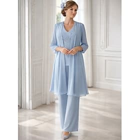 Kleid Sets Bodenlang Brautmutterkleid Langarm V-Ausschnitt Eleganz Einfach Hochzeitsgast mit Einfarbig
