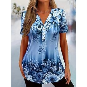 T-shirt da donna floreale vintage casual a maniche corte con scollatura a V top regolari quotidiani bottoni stampati blu rosa viola verde estate primavera