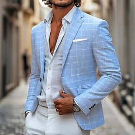 Men's Blazer Lightweight Coat Casual Daily Beach Elegant Fashion Summer Spring POLY Plaid Plaid / Check Lightweight Check Pattern Casual / Daily Single Breaste