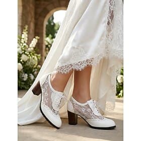 Women's Ivory Lace Block Heel Oxfords, Elegant Vintage-Inspired Bridal Shoes for a Chic City Wedding