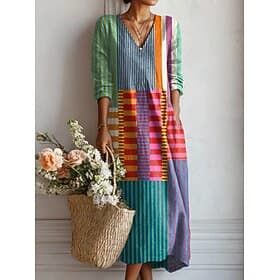 Robe Midi Femme Lin Comme Robe de Plage Robe A-Line Vacances Décontractée Boho Vacances Coupe Lâche Graphique Géométrique Bloc de Couleur Manches Longues Col e