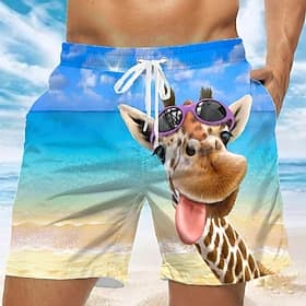 Men's Cartoon Giraffe Koala Swim Trunks Swim Shorts Board Shorts Mid Waist Funny Hawaiian Beach Vacation Wear Side Pockets Mesh Lining Elastic Drawstring Waist