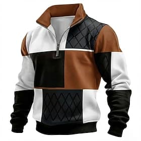Mens Quarter Zip Pullover Geometric Color Block Sweatshirt Patchwork Stand Collar Casual Top Clothing Apparel S M L XL XXL XXXL