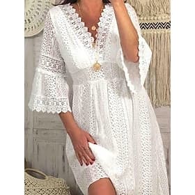 Women's Knee Length Dress White Dress Lace Dress Elegant Vintage Fashion Flare Cuff Sleeve Daily Outdoor Beach Regular Fit Plain 3/4 Length Sleeve V Neck White