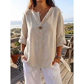 Femmes Chemises en lin Chemisier Patchwork Uni Élégant Moderne Occasionnel manche longue Col en V Hauts Réguliers Quotidien Fête Sortir Noir Blanche bleu marin