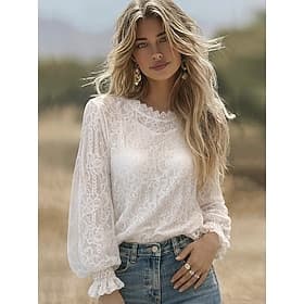 Women's Lace Shirt Casual Shirt Blouse Lace Patchwork Mesh Elegant Stylish Basic Long Sleeve Stand Collar Regular Tops Outdoor Holiday Beige Summer Spring