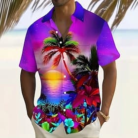 Voor heren Kokosnootboom Natuur  Landschappen Tropische planten Hawaiiaans overhemd Overhemd met knopen Aloha-shirt Korte mouw Hawaii Vakantie Zomer Lente Stri