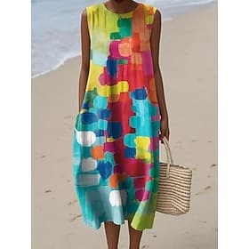 Damen Midi Kleid Leinenähnliches Shift Kleid Urlaub Casual Strand Ausgehen Lockerer Sitz Grafik Geometrisch Ärmellos Rundhals Blau Rot Lila Grün Sommer Frühlin