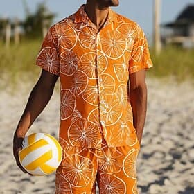 Men's Fruit 2pcs Shirts Sets Shirt Short Sleeve Short Pants Cuban Collar Vacation Casual Daily Party 3D Print Summer Orange