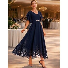 A-Line Tea Length Party Dress Cocktail Dress Wedding Guest Dress Mother of the Bride Dress Short Sleeve V Neck Elegant Formal Wedding Guest Chiffon Lace with A