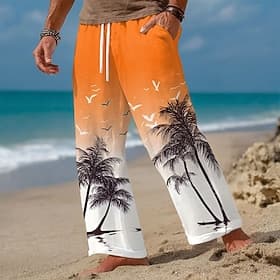 Men's Coconut Tree Gradient Color Tropical Plants Trousers Baggy Pants Casual Pants Mid Waist Hawaiian Outdoor Vacation Beach Wear Elastic Drawstring Waist Lin