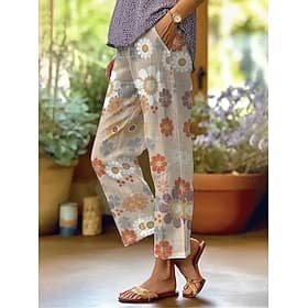 Women's Linen Like Pants Trousers Straight Vacation Fashion Streetwear Full Length Mid Waist Floral Graphic Pocket Elastic Waist Print Comfy Comfort Breathabil