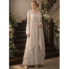 Zweiteilig Bodenlang Kleid für Hochzeitsgäste Brautmutterkleid Langarm V Ausschnitt Elegant Formell Hochzeitsgast Chiffon mit Rüschen Applikationen