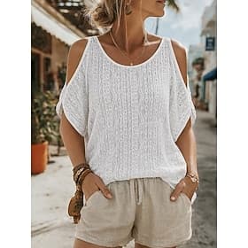 Women's T Shirt Lace Splicing Top Tee Top Lace Plain Fashion Stylish Classic Short Sleeve Crew Neck Regular Tops Daily Going out Weekend White Summer Spring