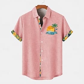 Homme Chemise en lin Chemise d'été Tenue de plage Chemise Boutonnée Cocotier Plage Vacances Bleu Rose Claire Vert Kaki Manche Courte Col Rabattu Été Printemps