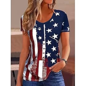 Independence Day Patriotic Women's T Shirt Graphic Flag Vintage Fashion Stylish Short Sleeve Crew Neck Regular Tops Daily Weekend Print Blue White Summer Sprin