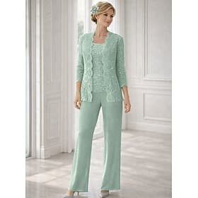 Pantsuit Floor Length Mother of the Bride Dress 3/4 Length Sleeve Square Neck Elegant Simple Wedding Guest with Solid Color