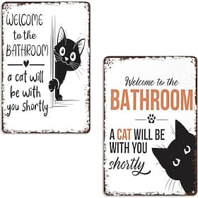 2 Pack Vintage Black  White Cat Wall Art - Welcome To The Bathroom Funny Metal Tin Sign - Retro Bathroom Decor With Cat Design - Aluminum Tin Sign For Restroom