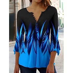 T-shirt Femme  Ombre Graphique Abstrait Élégant Vintage Élégant Manches 3/4 Col en V Long Tops Quotidiens Sortie Boutons Bleu Rouge Orange Vert Été Printemps A