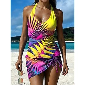 Women's Swimwear Tankini Skirt Swimsuit Drawstring Knit Elegant Vacation Floral Graphic U Neck Sleeveless Bathing Suits
