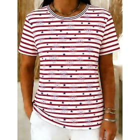American Independence Day Women's T Shirt Tee Top Print Graphic Striped Stylish Classic Casual Short Sleeve Crew Neck Regular Tops Daily Going out Weekend Red