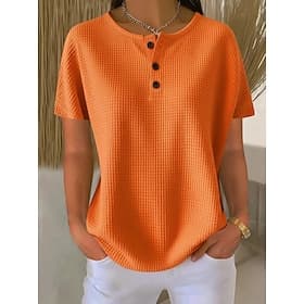 Damen Übergroße T Shirt T-Shirt Waffelstricktops Knopf vorne Einfach Mode Stilvoll Klassisch Kurzarm Rundhalsausschnitt Henley Normale Oberteile Täglich Ausgeh