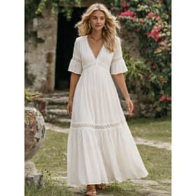 Femmes Robe maxi Robe trapèze Robe d'été Occasionnel Quotidien Coupe régulière Uni Demi Manches Col en V Blanche Été