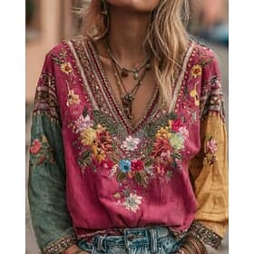 Women's Shirt Cotton Linen Shirts Boho Shirt Blouse Embroidered Floral Graphic Bohemia Vintage Stylish Long Sleeve V Neck Regular Tops Daily Holiday Going out