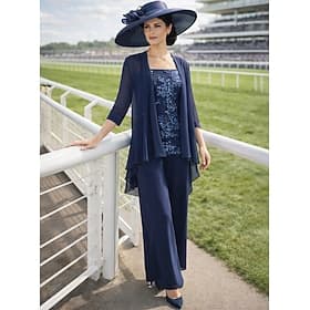 Jumpsuit Pantsuit 3 Piece Floor Length Mother of the Bride Dress 3/4 Length Sleeve Square Neck Elegant Formal Wedding Guest Chiffon Sequined with Sequin Appliq