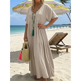 Women's Maxi Dress Shift Dress Casual Daily Beach Loose Fit Plain Short Sleeve V Neck Black Beige Summer Spring