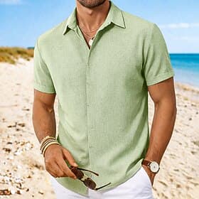 Men's Shirt Linen Shirt Summer Shirt Button Down Shirt Casual Shirt Beach Shirt Plain Casual Daily Blue Black Pink Green Short Sleeve Collar Summer Clothing Ap
