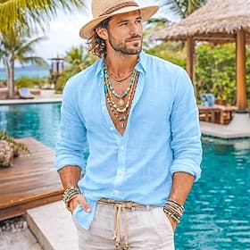 Men's Shirt Linen Shirt Summer Shirt Beach Wear Button Up Shirt Plain Casual Daily Black White Light Blue Long Sleeve Collar Spring  Summer Summer Clothing App