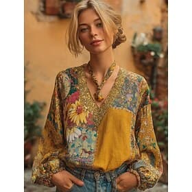 Blouse bohème pour femme, respirante et légère, à imprimé floral vintage élégant, manches longues, col en V, coupe classique, jaune, rose, bleu marine, été, pr