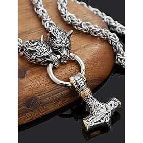 Collier pendentif style viking pour homme, en alliage avec motif tête de loup et marteau de Thor, bijou nordique unique pour une tenue décontractée ou de soiré