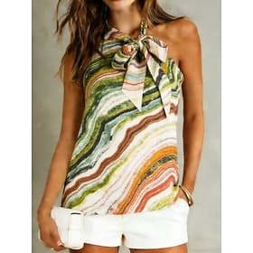 Women's Satin Top Halter Neck Top Tank Top Sleeveless Shirt Tie Knot Graphic Striped Fashion Stylish Classic Sleeveless Cold Shoulder Regular Tops Daily Going