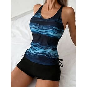 Women's Swimwear Tankini 2 Piece High Waist Swimsuit Tummy Control High Waist Slim Backless Vacation Beach Wear Ombre U Neck Sleeveless Bathing Suits