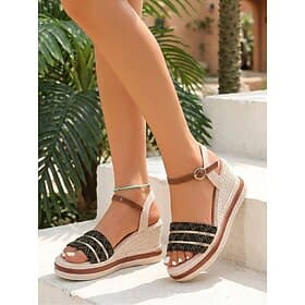 Women's Black and Gold Woven Espadrille Wedge Sandals – Bohemian Vacation Style, Comfortable Platform Open Toe Shoes for Beach Resorts and Summer Travel