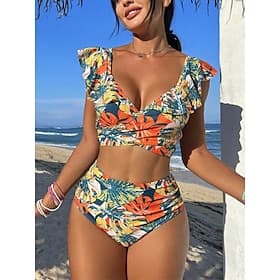 Women's Swimwear Bikini 2 Piece High Waist Swimsuit Ruffle Slim Backless Vacation Beach Wear Floral Tropical V Neck Sleeveless Bathing Suits