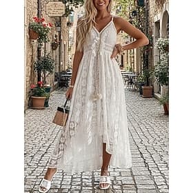 Women's Midi Dress White Lace Dress A Line Dress Casual Daily Regular Fit Plain Sleeveless V Neck White Summer