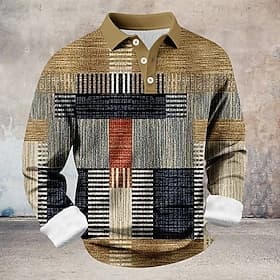 Homme Bloc de Couleur Géométrique Polo Chemises Themmal manche longue Polos Revers Occasionnel Athleisure Fête Tenue quotidienne Impression 3D Printemps Automn
