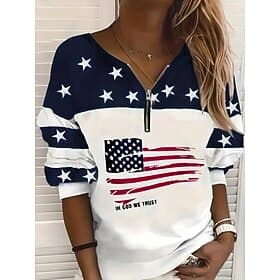 Independence Day Patriotic Women's Zip Up Sweatshirts Geometric Striped Active Fashion Casual Long Sleeve Crew Neck Regular Tops Street Dailywear Zipper Print