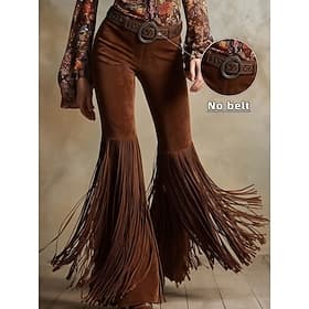 Women's Trousers Faux Suede Pants Flared Pants Leggings Vacation Vintage Fashion Full Length High Waist Plain Tassel Fringe Comfort Soft Breathable Inelastic O