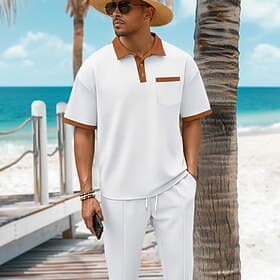 2-teiliges Herren-Sommer-Waffel-Polohemd Polo-Hose, passendes Set, Strandkleidung, Alltagskleidung, Ausgehkleidung, Kordelzug, schlicht, schwarz, weiß, königsb