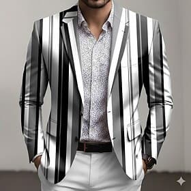 Men's Stripe Blazer Jacket Coat Comfortable Breathable Artistic Casual Casual Daily Party Evening Wear 3D Print Buttons Multi Pocket Fall  Winter Spring Notch