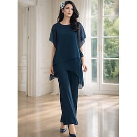 Traje de pantalón Asimétrica Vestido de Madrina Manga Corta Cuello Camisero Elegante Formal Invitado a la boda Noche formal Gasa con Un Color