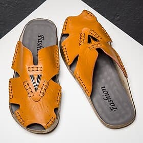 Men's Brown Faux Leather Slide Sandals, Hand-Stitched Upper, Comfortable Footbed, Relaxed Casual Style, Suitable for Summer Leisure  Indoor Wear