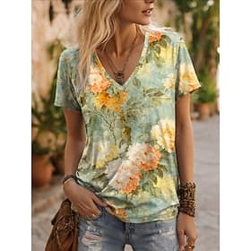 Women's T Shirt Print Floral Graphic Plants Vintage Stylish Casual Short Sleeve V Neck Regular Tops Daily Blue Red Purple Green Summer Spring