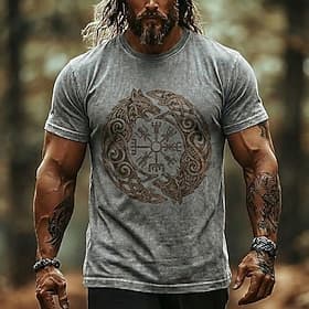 Wikinger-T-Shirt mit Vegvisir-Kompass und Wolfsmotiv, gewaschene Baumwollmischung, nordische Runen, Vintage-Mythologie, Größen S, M, L, XL, XXL, XXXL